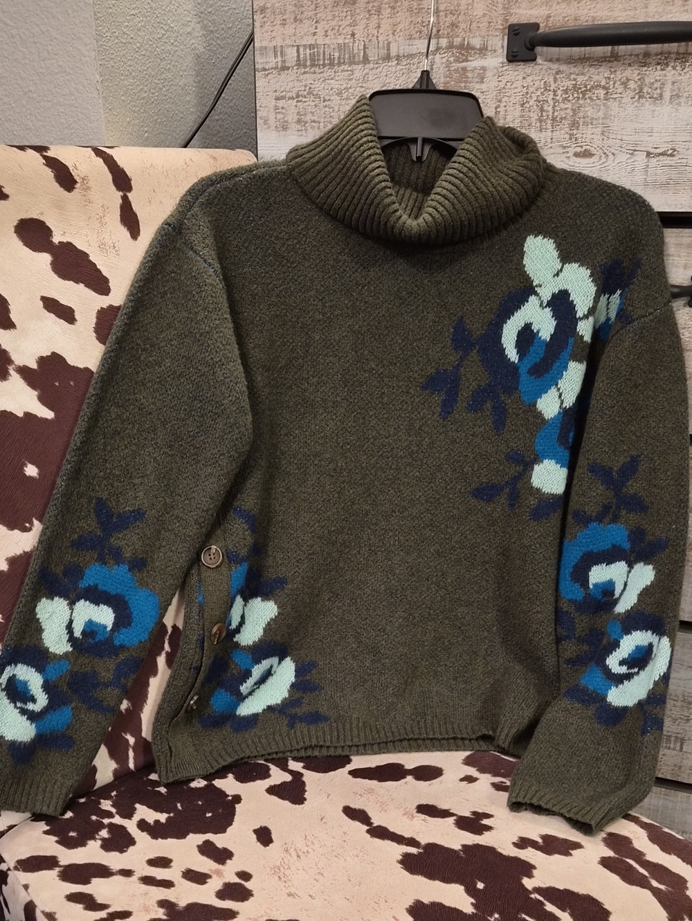 Olive And Blue Floral Turtleneck Sweater
